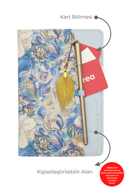 giftcrea Kişiye Özel Çiçek Desenli Defter ve Tüy Kalem Seti Lazer İsim Kazıma...