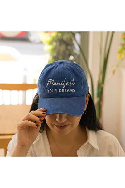 Nome Studio Nakışlı Mavi Renk Şapka Pamuklu Siperlikli Ayarlı Şapka Ayarlanabilir Manifest Your Dreams Kep