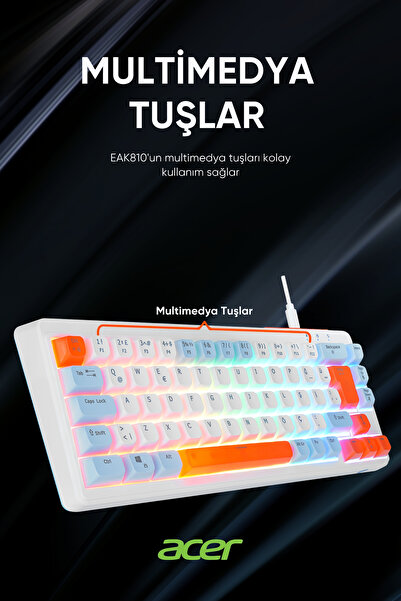 ACER eMachines EAK810 Oyuncu Klavyesi Rainbow Aydınlatma Mini Klavye Türkçe Q Gaming Klavye Beyaz