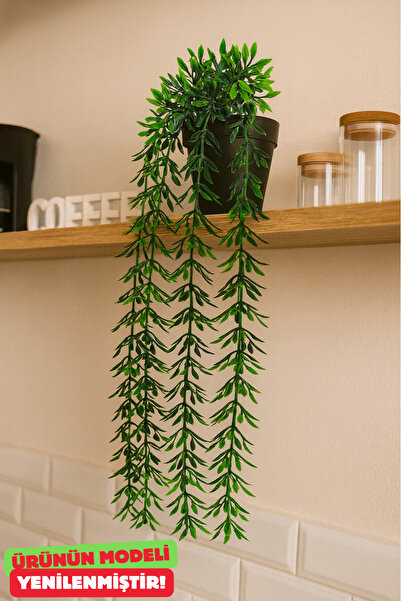 rosfloa rf Siyah Saksılı 4 Dallı Yeşil Fesleğen Sarkıt Yapay Bitki Çiçek Deko...