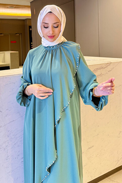 Tesettür Diyarı Kadın Krep Kumaş Kenarları Taş İşlemeli Nazende Tesettür Elbise