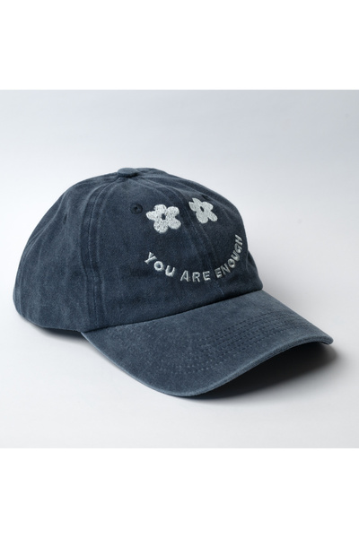 Nome Studio Embroidered Navy Blue Hat Washable Fabric Flower and Text Embroidered Hat Cotton Visor Adjustable Hat