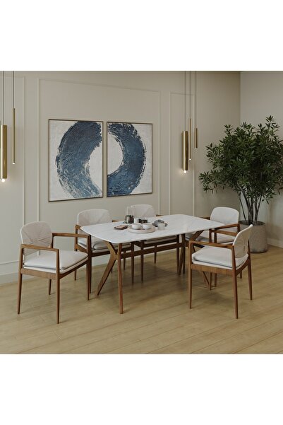 PLASMOB 80 x 140 Mutfak Masası(Sadece Masa) Marmo Beyaz-Ceviz MDF Salon ve Mutfak Masası Viktoria Model