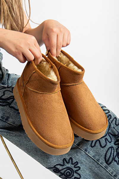 Betül Ayakkabı ve Çanta Kadın Taba Süet Içi Tüylü Kalın Taban Yarım Bot Ayakkabı Dar Kalıp