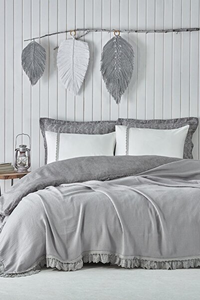 Ecocotton Alessa Çift Kişilik Pike Takımı %100 Organik Pamuk Jakarlı Gri 220x...