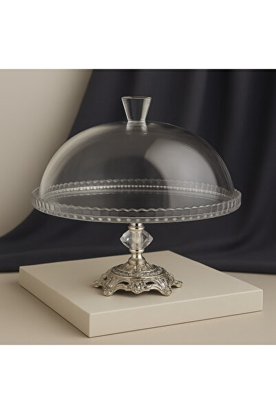 Elta Collection كعكة معدنية فضية مع غطاء زجاجي - حامل الكيك 95198