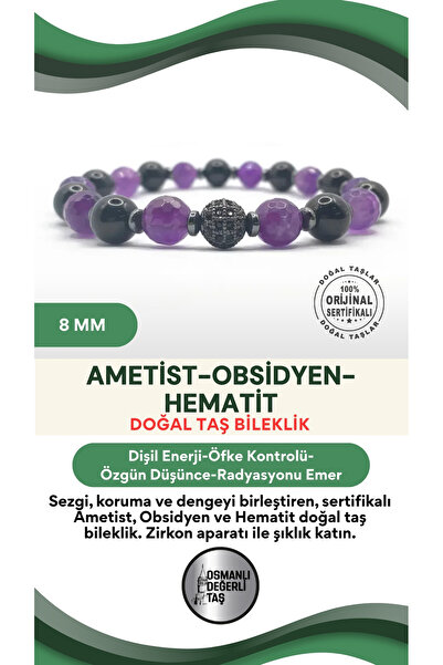 OSMANLI DEĞERLİ TAŞ Sertifikalı Hakiki Orijinal 8mm Ametist-Obsidyen–Hematit-...