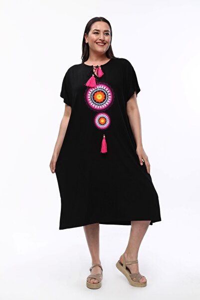 Ebsumu Rochie neagră pentru damă, mărime mare, cu capcană de vis, brodata