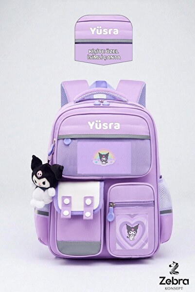 Zebra Konsept Kişiye Özel Isimli Kore Tarzı Mor Okul Çantası Aksesuarlı Kız Ç...