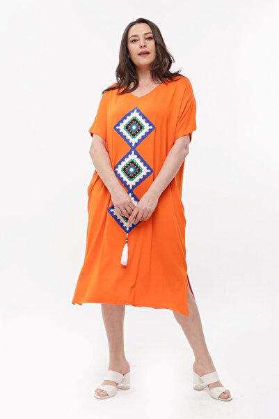 Ebsumu Γυναικείο Πλεκτό Πορτοκαλί Φόρεμα Plus Size