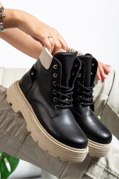 motto store Black Leather Elastic Lace-Up Flat Sole Women's Boots