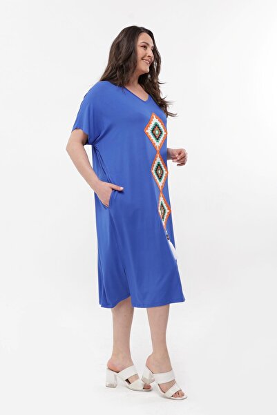 Ebsumu Γυναικείο Πλεκτό Λεπτομερές Μπλε Φόρεμα Plus Size