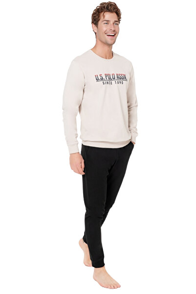 U.S. Polo Assn. Ανδρικό σετ πιτζάμες από βαμβακερό μακρυμάνικο χαλαρό κοψίμα - Μπεζ