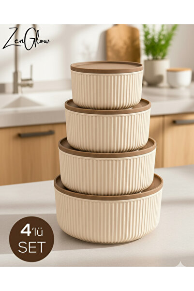 ZenGlow Set of 4 Round Storage Containers Striped Beige |   2.5L 1.5L 0.80L 0.45L |   Microwave and Freezer Compatible