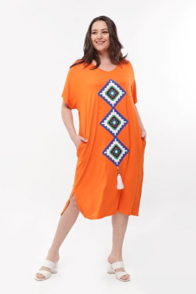 Ebsumu Γυναικείο Πλεκτό Πορτοκαλί Φόρεμα Plus Size