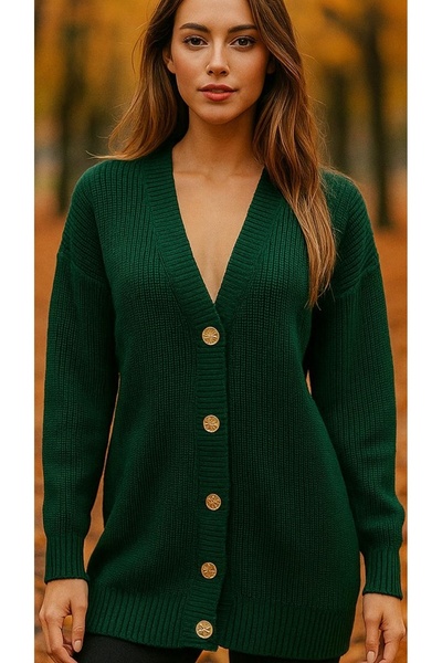 DAMGA Collection Stylish Knitted Patterned Knitwear Cardigan with Green Buttons