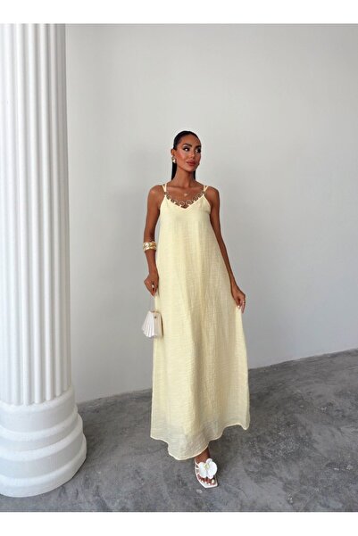 merlavin Γυναικείο λινό φόρεμα με λεπτομέρεια με δαχτυλίδι στο στήθος