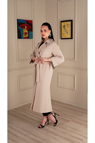 KENT Long Slim Fit Cashmere Stone Color Coat with Belt and Double Collar Detail
