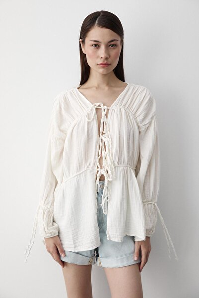 Laluvia Λευκό πουκάμισο μουσελίνας από 100% βαμβάκι με ελαστική μανίκια