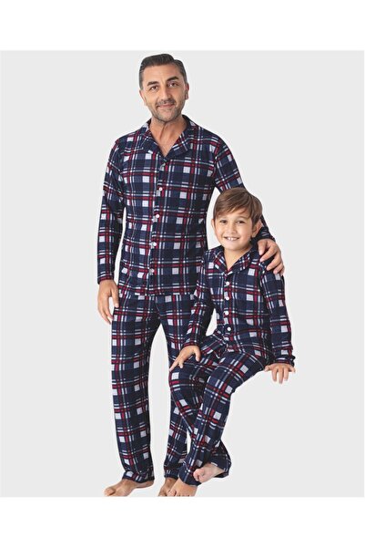 ALİŞ KİDS Fiú pamut velúr szövet sötétkék kockás mintás hosszú ujjú inggalléros gombos pizsama szett