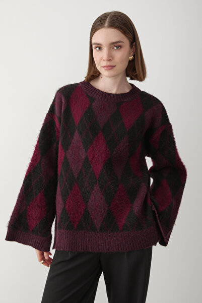 JASTE Kadın Bordo-Siyah Oversize Argyle Desenli Triko Kazak