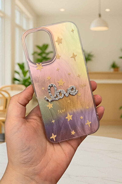 Vip Case iPhone 16 Uyumlu Hologramlı Renk Değiştiren Yıldız Desenli Taşlı Yazılı StarLove Kılıf