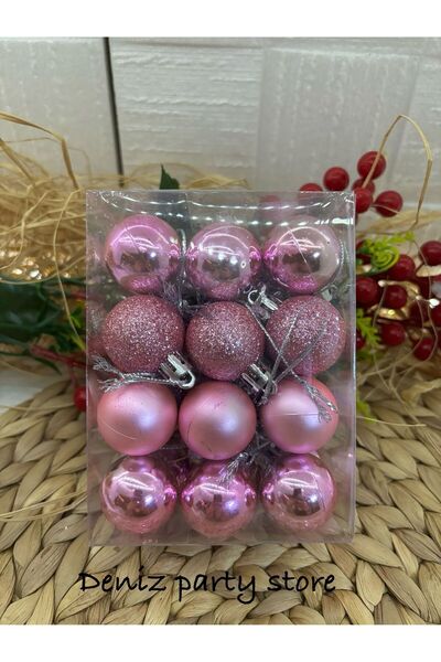 Deniz Party Store 24 Adet  Pembe Yılbaşı Ağaç Süsü Cici Top  3 Cm