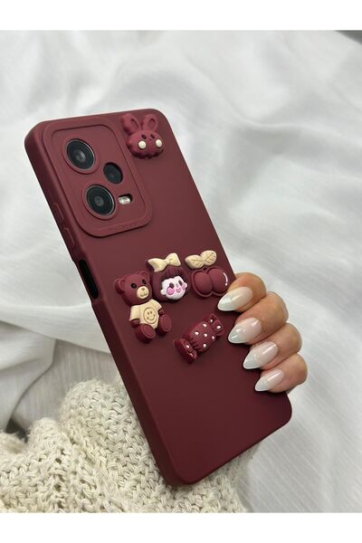 Vip Case Redmi Note 12 Pro 5g ( Yurtdışı ) Şekerli Kirazlı Ayılı Çiçekli Tatlı Bordo Toy Bear Kılıf