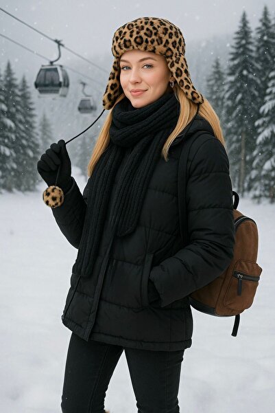 Axesoire 12749 Kürklü Kulaklıklı Leopar Desenli Kahverengi Pilot Şapka Bere