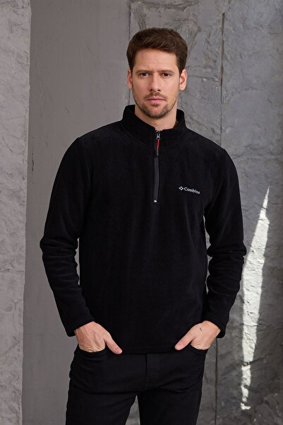 COMBİNE MİCHAİL Erkek Kışlık Kalın Yarım Fermuar Pamuklu Kumaş Polar Ceket SİYAH