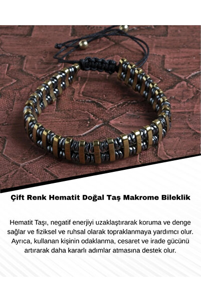 Saff Doğal Taş Sertifikalı Çift Renk Hematit Doğal Taş Makrome Bileklik