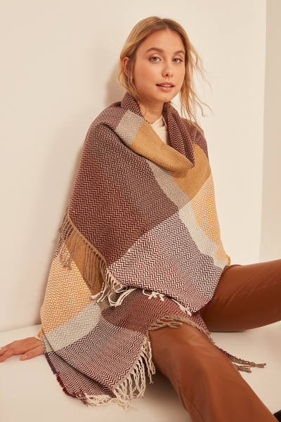 Axesoire 13807 Yumuşak Dokulu Balık Sırtı Desenli Bordo Kalın Omuz Şal Atkı