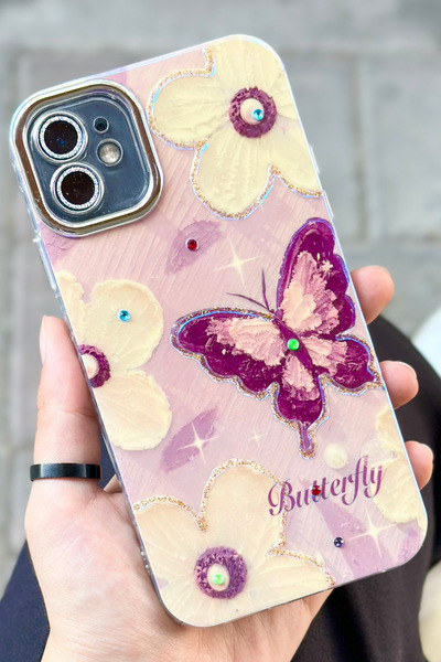 Vip Case iPhone 11 Çiçek Desenli Kendinden Lens Korumalı Elektrokaplama Parlak Şık Hologramlı Paint Kılıf