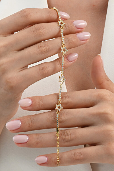 jingle bells Zirkon Taşlı 925 Ayar Gümüş Yıldız Bileklik Altın Kaplama