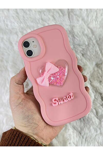 Vip Case iPhone 11 - Renkli Kalp Kurdele Detaylı Simli Dalgalı Sweety Kılıf