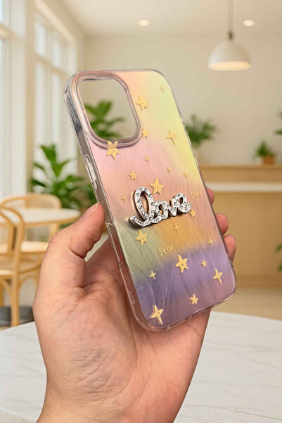 Vip Case iPhone 16 Plus Uyumlu Hologramlı Renk Değiştiren Yıldız Desenli Taşlı Yazılı StarLove Kılıf