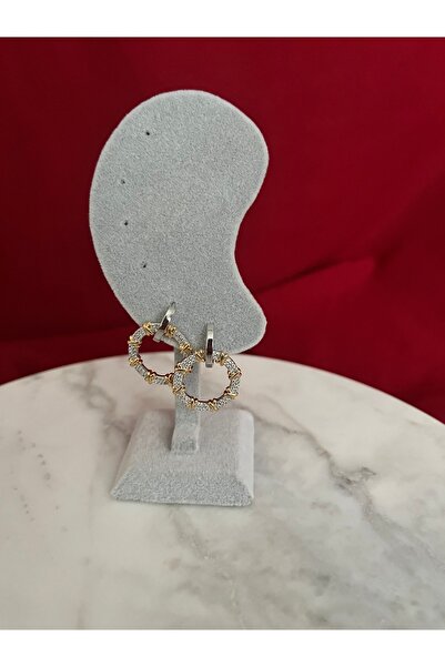 AKSESUARIM Zircon Stone Double Color Steel Earrings – Round Model