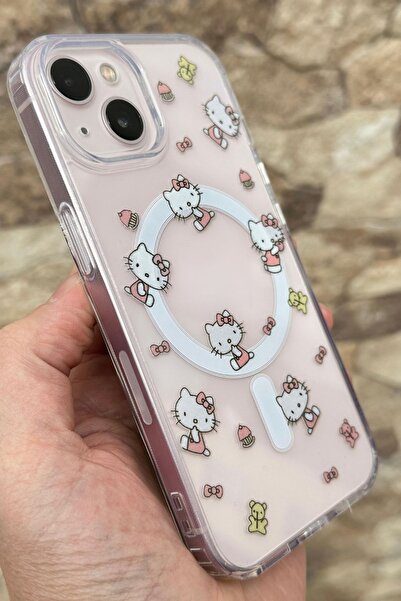 Vip Case Apple iPhone 13 Ve 14 Uyumlu Kılıf Hello Kitty Desenli Magsafe Özellikli Sert Şeffaf V-Mags 277