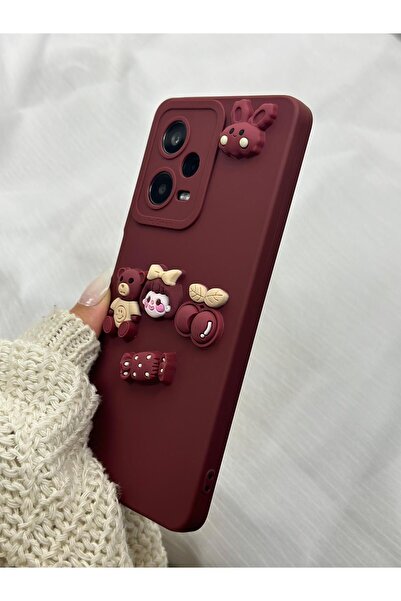 Vip Case Redmi Note 12 Pro 5g ( Yurtdışı ) Şekerli Kirazlı Ayılı Çiçekli Tatlı Bordo Toy Bear Kılıf