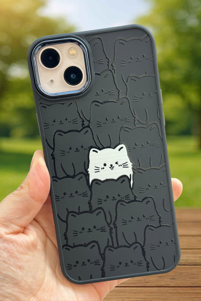 Vip Case iPhone 15 Plus Metal Detaylı Sıralı Sevimli Kedi Baskılı Silikon Man...