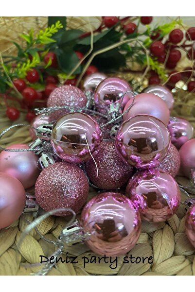 Deniz Party Store 24 Adet  Pembe Yılbaşı Ağaç Süsü Cici Top  3 Cm