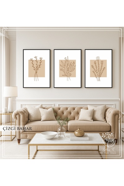 Tablomtr Çizgi Bahar - Dijital Baskılı Siyah Metal Çerçeveli Gerçek Camlı 3'lü Dekoratif Tablo