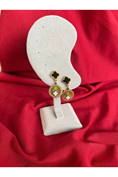 AKSESUARIM Black Clover Detailed Dangle Earrings |   Gold Framed Figured Model