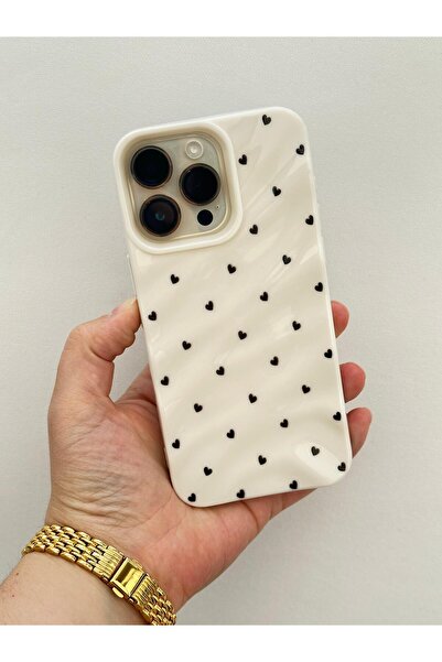 Vip Case iPhone 15 Pro Max Kamera Çıkıntılı Mini Kalp Desenli Lüks Dalgalı Desenli Parlak Silikon Wavy Kılıf