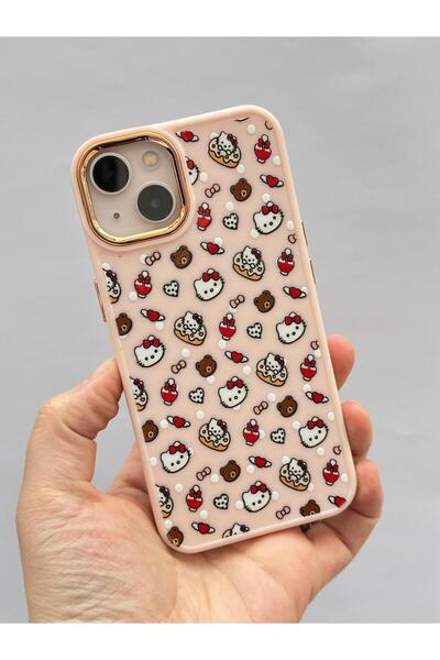 Vip Case Apple iPhone 15 Uyumlu Kılıf Donut Kitty Desenli Metal Çerçeveli Pastel Silikon Ruby 277