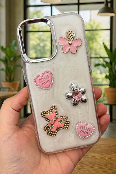 Vip Case iPhone 16 Uyumlu Epoksili 3D Figürlü Kalpli Kurdelalı Parlak Şık Mod...