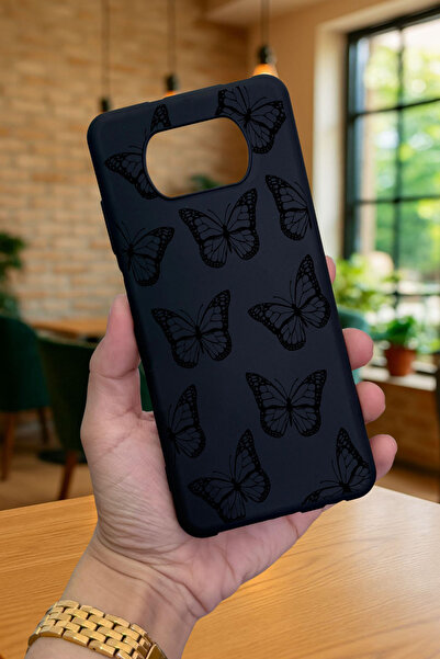 Vip Case Poco X3 ve X3 Pro Uyumlu Siyah Kelebek Desenli Silikon Darbe Emici Klasik Korumalı Rubber Kılıf