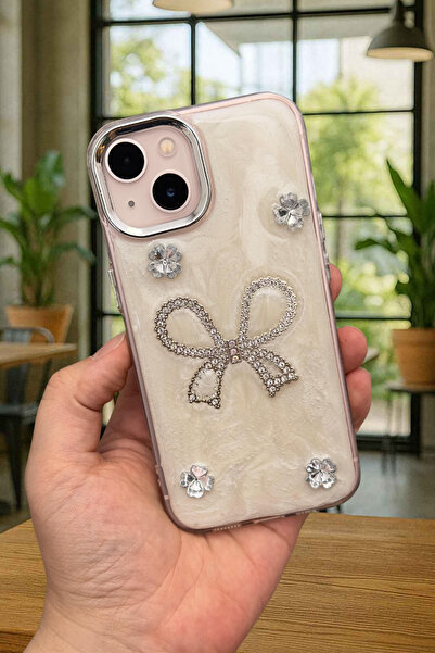 Vip Case iPhone 15/14 ve 13 Uyumlu Epoksili 3D Figürlü Kalpli Kurdelalı Parla...