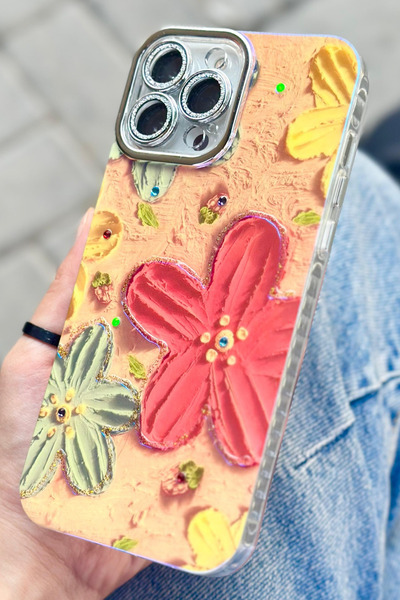 Vip Case iPhone 13 Pro Max Uyumlu Çiçek Desenli Kendinden Lens Korumalı Elektrokaplama Parlak Şık Hologramlı