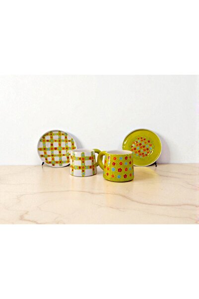 NK El Yapımı Çiçek Desenli İki Kişilik Fincan Takımı